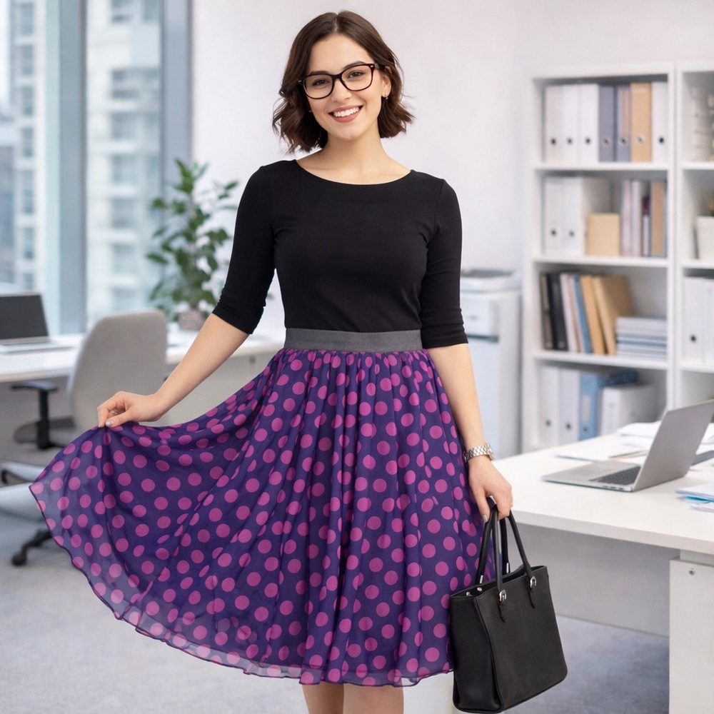 She’s Cool Pleated Polka Dot Skirt 1X Purple Pink Chiffon Midi Elastic Waist - Picture 4 of 13
